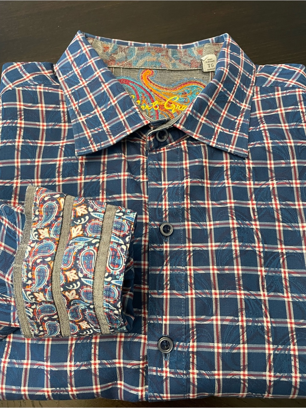 Robert Graham Button Down Long Sleeve Plaid Red White & Blue Paisley Cuff Sz XL